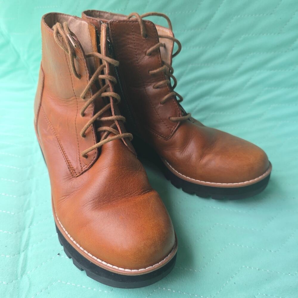 Eileen Fisher Crew Women 7 Leather Lace-Up Bootie brown casual wedge lace up